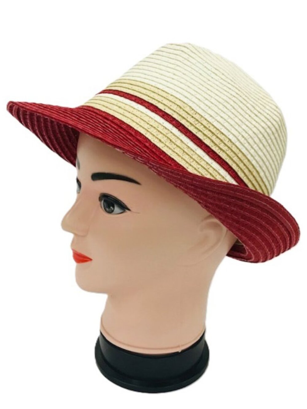 Women Summer Beach Travel Fedora Foldable Light Straw Hat-Multicolor-Red